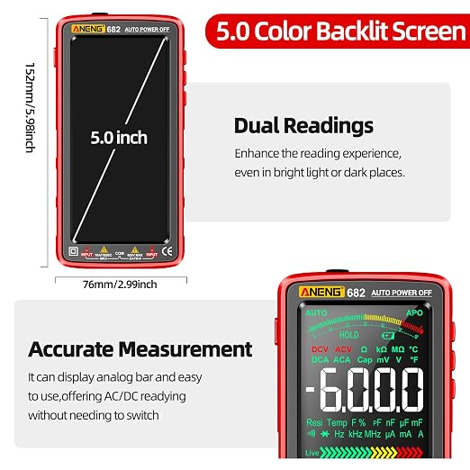 ANENG Multimeter Tester Color LCD TRMS Auto-Ranging 6000 Counts Voltmeter Smart Rechargeable Meter Measures AC/DC Current,NCV,Voltage,Ohm,Amp,Resistance,Diodes,Countinuity,Capacitance,Temperature