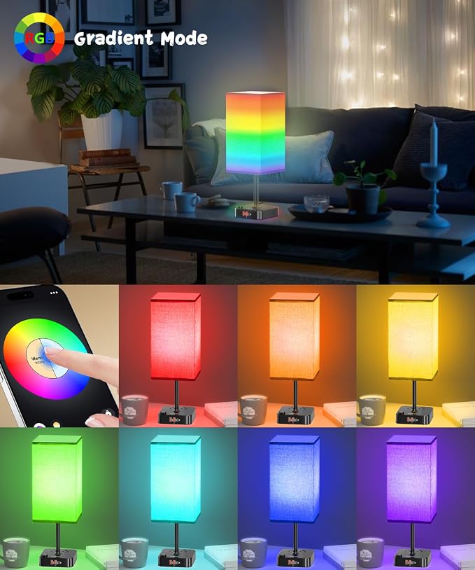 Bluetooth/WiFi RGB & USB Bedside Table Lamp with 3 USB Charging Ports 2 Outlets Power Strip, LED Light Bulb Dimmable, Music Sync Color Changing Light (RGB - Brown Shade)