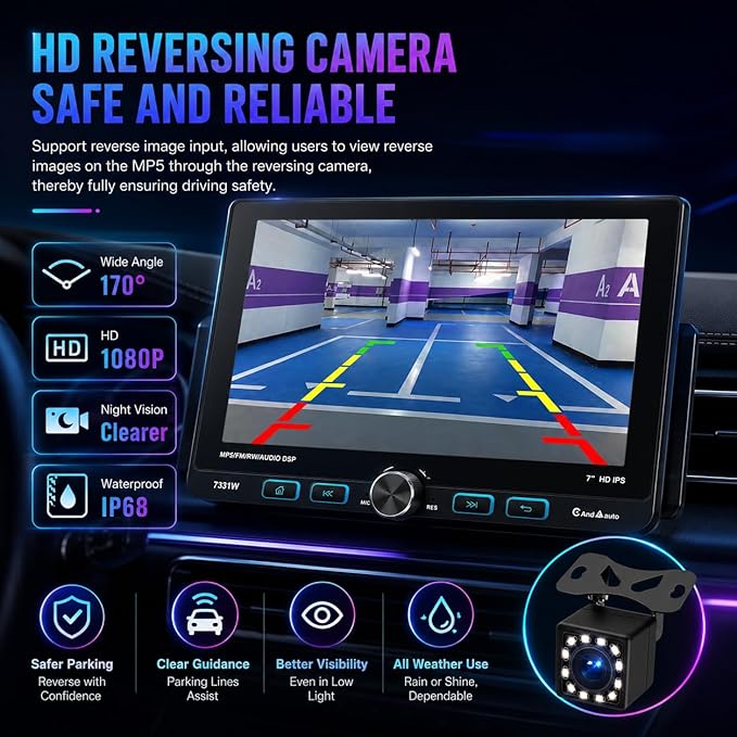 7 Inch Single Din Car Stereo Wireless Apple CarPlay & Android Auto, Detachable Rotatable HD Touchscreen Radio with Bluetooth 5.2, FM AM RDS, USB Type-C, MP5 Player, Backup Camera Input, 4×25W