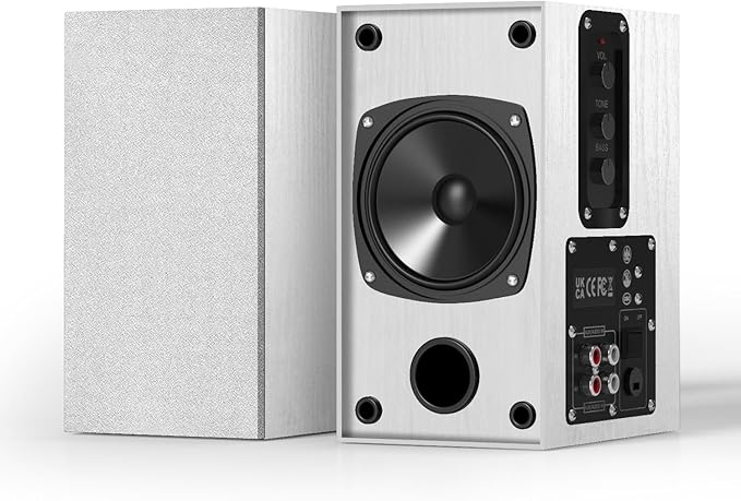 Elimavi 30W X 2 Powered Bookshelf Speakers - 3.5-RCA Input for Turntable, TV, PC, Record Player Speakers with 4 Inch Woofer & Wall Mounted, White