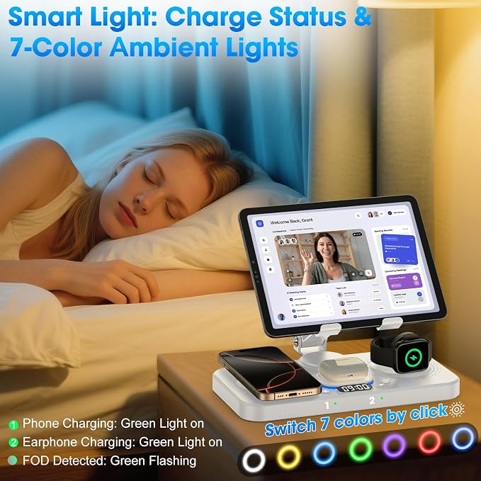 6 in 1 Wireless Charger for Apple Device, 30W Foldable Wired Charging for ipad with Clock & 7 Color Ambient Light, Nightstand Charger Station for iPhone 17