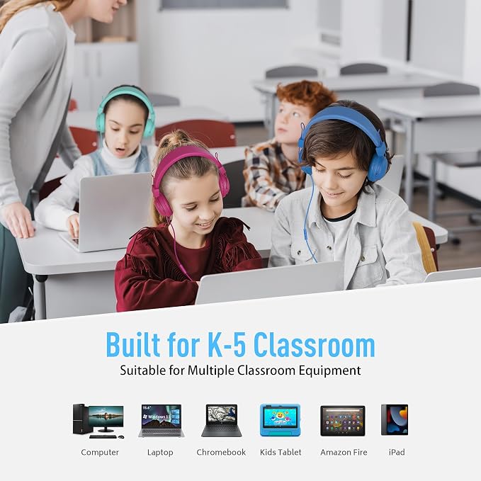 AILIHEN Classroom Headphones Kids 10-Pack for School Student K-5, On-Ear Premium Bulk Wired Headset with Mic, 85dB Volume Limited & SharePort, 3.5mm Jack for Chromebook, Computer, Laptop (Multicolor)