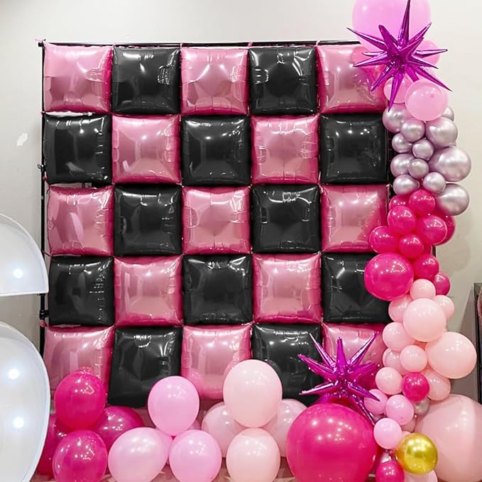 Electric Balloon Pump and 32PCS Pink and Black Square Foil Balloon with Star Foil Balloon, 600W Dual Nozzle Air Pump and Metallic Pink and Black Tunnel Arch Kit for Birthday Wedding Baby Shower