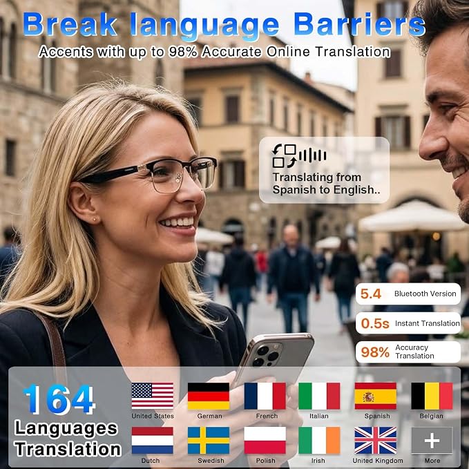 Ai Translation Smart Glasses with Chat GPT, Bluetooth Glasses for Men Women with 164+ Language & Accents, Translation Glasses Color-Change Lens, Open Ear Lighweight Eyeware