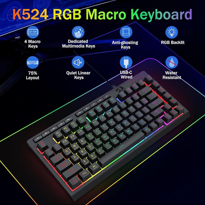 Redragon K524 Wired Gaming Keyboard, RGB Backlit, 75% Compact Quiet Membrane Keyboard with Programmable Macro and Multimedia Keys, Anti-ghosting, Spill Resistant for Win/MAC/PS/Xbox