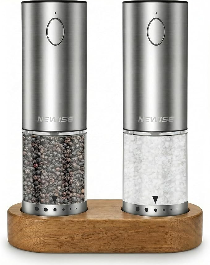 Electric Salt and Pepper Grinder Set - Acacia Wood Base, Rechargeable & Automatic Pepper Mill with LED Lights, Adjustable Coarseness, 95ml Large Capacity for Kitchen