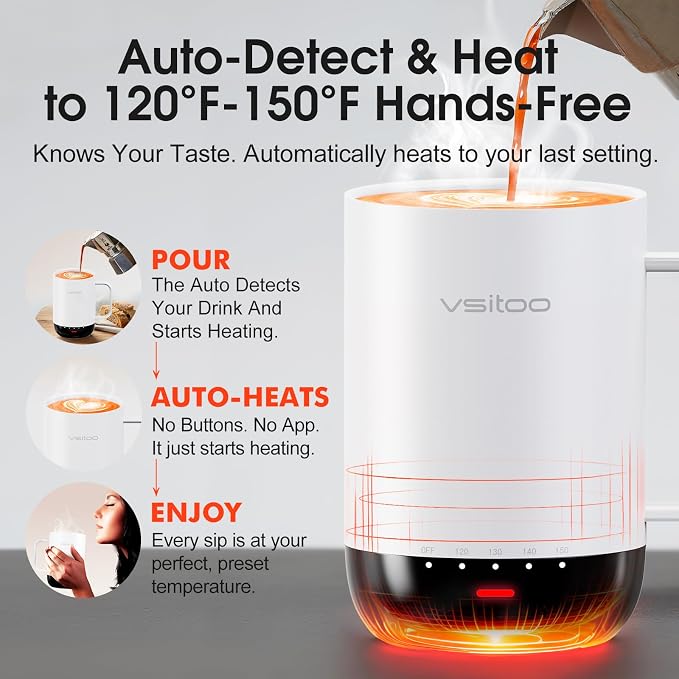 Vsitoo S3 Pro 16oz Smart Self Heating Coffee Mug, Heated Coffee Mug with AI Auto-Sensing Temperature Control, 120-150℉ Rechargeable Smart Mug Warmer, IPX7 Waterproof, Gift for Men Women, White