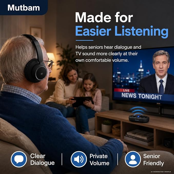 Wireless Headphones for TV, TV Headphones Wireless for Seniors with Charging Dock, Ideal Gifts for Seniors, 65H Playtime Plug-Play, Assistive Hearing, Low Latency, Perfect for Elderly Seniors