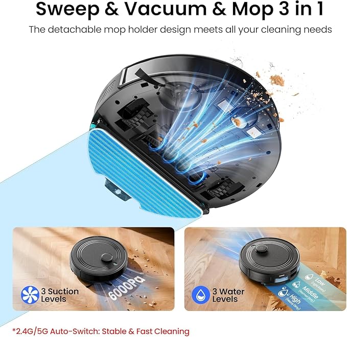 Lefant Robot Vacuum and Mop Combo,75-Days Self-Emptying,6000Pa Powerful Scution,Multi-Floor Mapping, No-Go Zones,140 Min Runtime,2.4G/5G WiFi/Alexa/APP/iWatch, M2 Plus Black