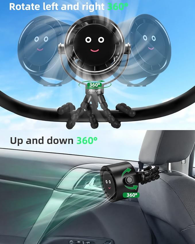 Akejrym Stroller Fan Portable, Personal Fan for Travel, Digital display, Detachable 5 Speeds Rechargeable 360° Rotate Flexible Tripod Fan, For Home Office Stroller Camping - Black