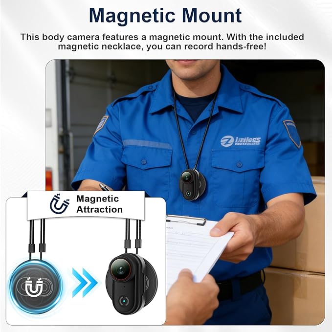 Mini Body Camera with 32GB Card, 4K Wearable Action Camera with 1.47” HD Screen, 140° Wide Angle, Magnetic Necklace & Mounts, APP Sharing, Loop Recording, POV Cam for Work, Sports, Pets & Daily Life