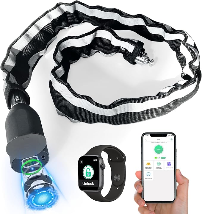 Eseesmart Bike Chain Lock, Fingerprint Bike Locks Heavy Duty Anti Theft, 3.28 Feet Security Bike Locks with APP, Waterproof Smart Cable Lock for Bike, Bicycle, Scooter, Motorcycle, Door, Gate, Fence