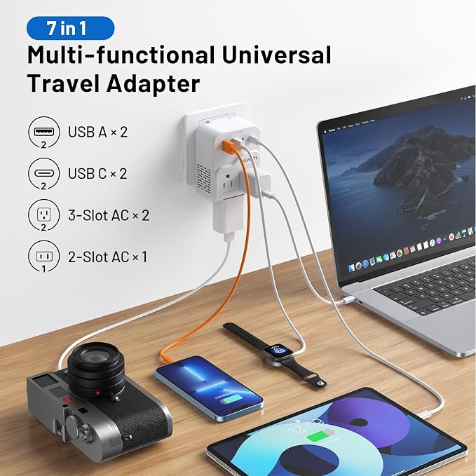 7-in-1 European Travel Plug Adapter, 2000W Universal Travel Adapter with 3 AC Sockets, 2 USB-A & 2 USB-C Ports, Travel Essentials International Power Adapter for UK/EU/Japan (Ivory PD 45W)