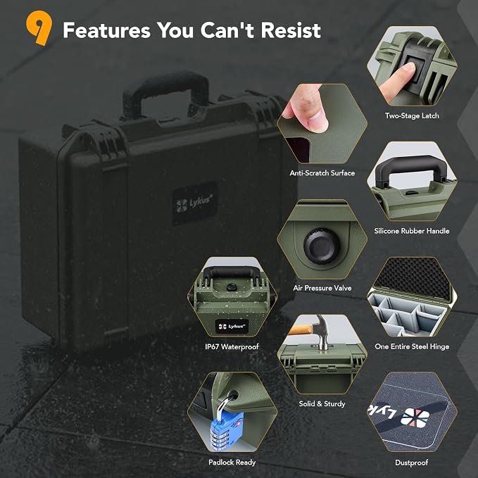 Lykus PVC1 Waterproof Hard Camera Case with Padded Dividers for Cameras, Lenses, Dual DJI Mavic/Air/Mini/Flip drones