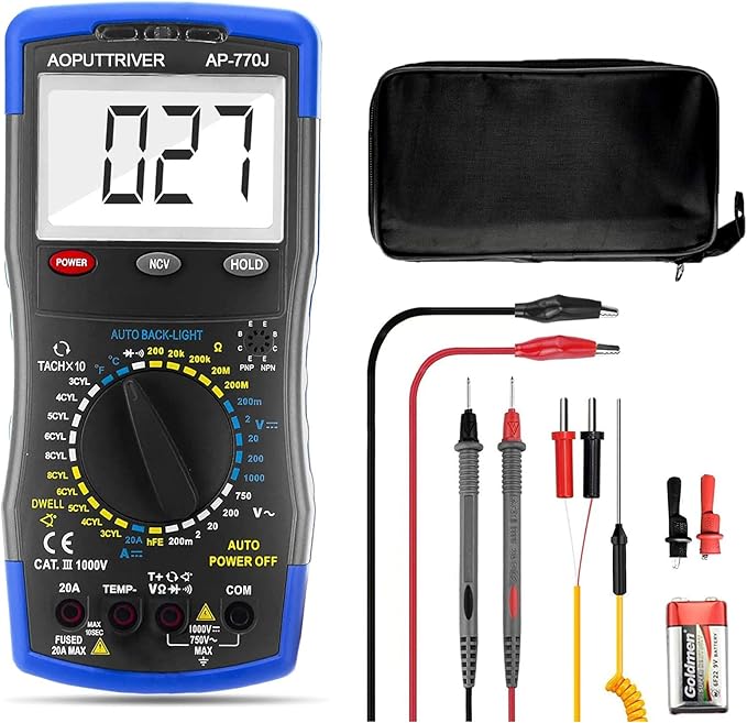 Digital Multimeter AP-770J Automotive Multimeter Engine Analyser Manual Ranging NCV Multi Tester Measure Voltage/Current/Resistance/Temp/RPM/Dwell Angle with Data Hold+Backlight+Auto Off+℃/℉