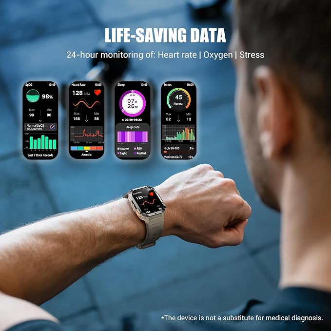Military Smart Watch for Men (Answer/Make Calls), 2.01" Fitness Watch Tracker with 100-Day Battery/Flashlight/Compass/Heart Rate/120+ Sports Modes/IP68 Waterproof Smartwatch for iOS Android(2 Straps)
