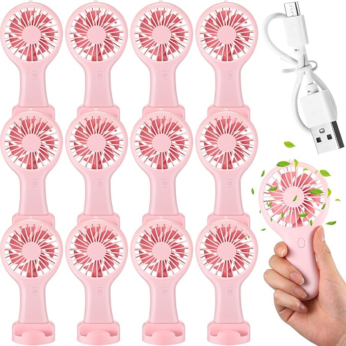 Woanger 12 Pcs Mini Handheld Fan Bulk 3 Speed USB Electric Battery Operated Small Portable Pocket Fan with Data Cable and Mounting Base Quiet Summer Gift for Wedding Camping Travel(Pink)