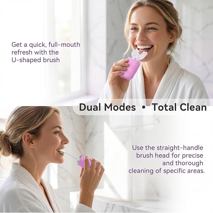 Sonic Electric U Shaped Toothbrush for Adults, Automatic Full Mouth Cleaning Toothbrush, 360° Stain Removal, IPX7 Waterproof Rechargeable, 3 U-Shape & 2 Straight Brush Heads (Pink)