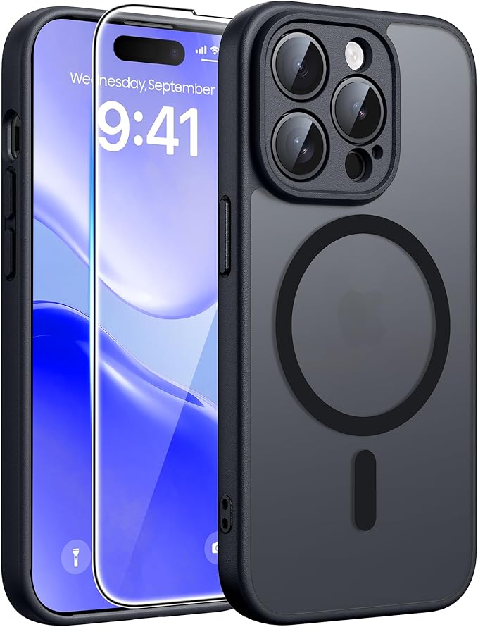 FNTCASE for iPhone 14 Pro Case: [Compatible with Magsafe] Translucent Matte Cases with [Full Camera Protection] [Screen Protector] Military Grade Shockproof Protective Phone Cover - Black