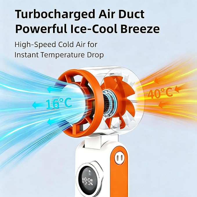 Handheld High Speed Turbo Ice Fan,with Semiconductor Ice Cooling,199 Speed/26550RPM,6000mAh USB Rechargeable,3-in-1 Mini AC Fan(Hand/Neck/Desk),Portable Personal Fans for Outdoor Travel Beach(Orange）