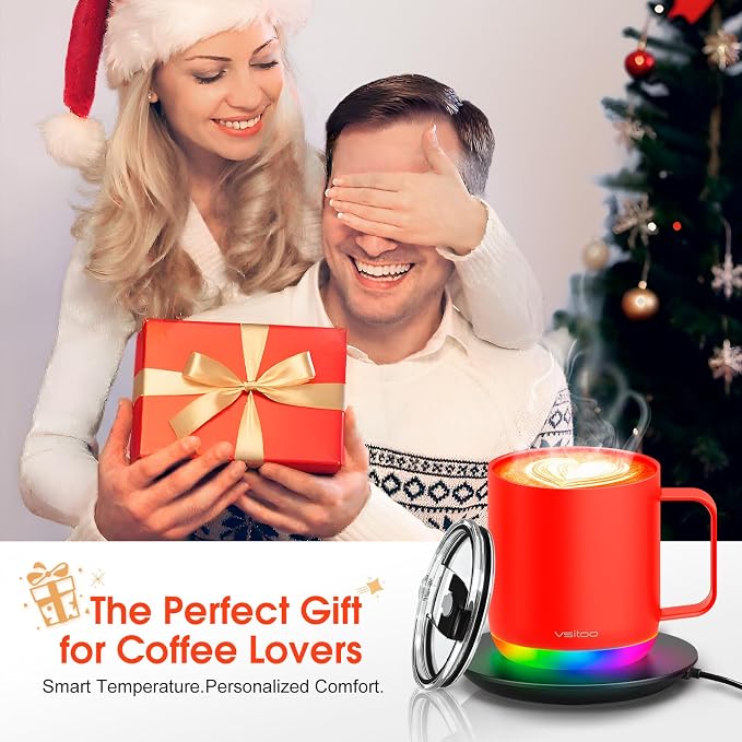Vsitoo S6 Plus 12oz Smart Self Heating Coffee Mug, AI Auto-Sensing Heated Espresso Mug Temp Control 120-150℉, Rechargeable Mug Warmer with Music LED, IPX7 Gift for Women Men-Red