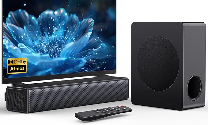 GEOYEAO Sound bar with subwoofer, 200W 2.1 ch soundbar w/Dolby Atmos Surround Sound System, 3D Bass Adjustable Home Theater Bluetooth TV Speaker for Smart TV/Projector/PC