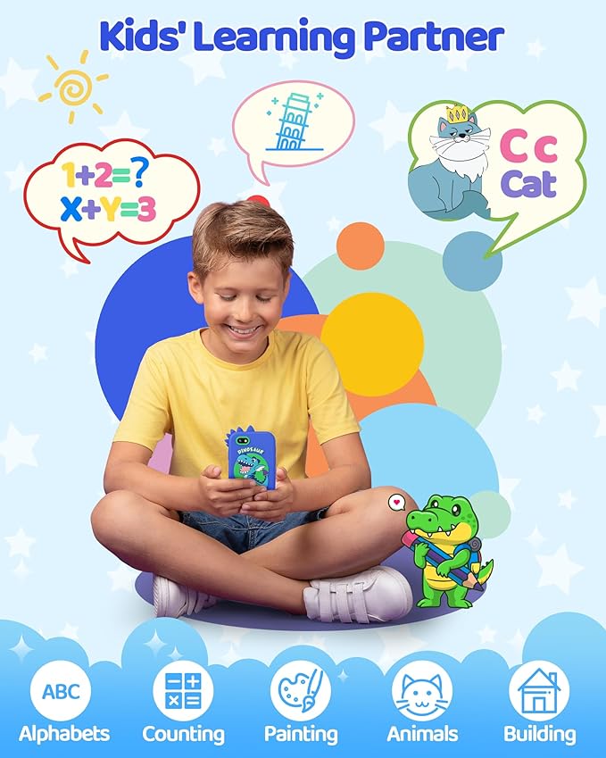 KOKODI Kids Smart Phone Toys, Touchscreen HD Dual Camera Cell Phone for Kids, Birthday Gifts Dinosaur Toddler Play Phone for Boys 3-10, Travel Learning Toy with 8GB SD Card(Navy Blue)