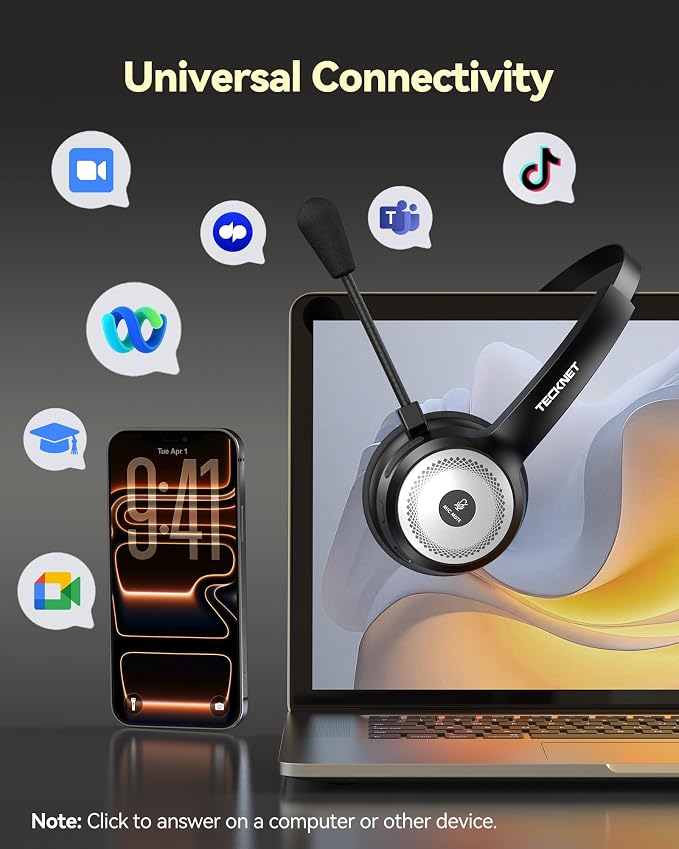 TECKNET Wireless Headset for Work, 45Hrs Worktime AI Noise Cancelling Computer Headphones with Charging Base, Bluetooth Headset with Mic & USB Dongle for PC/Laptop/Call Center