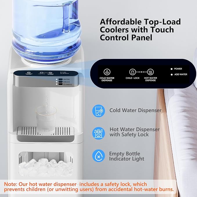 Electactic Water Dispenser with Ice Maker Function, Top Loading Hot and Cold Water Cooler for 5 Gallon Bottle - Includes Child Safety Lock - Water Machine for Home, Office, Garage - White