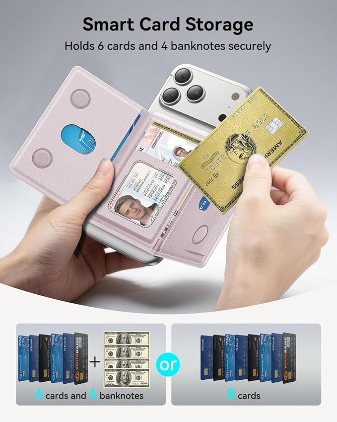 for MagSafe Wallet, 8 Card Holder, RFID Blocking, Magnetic Stand Phone Wallet for iPhone 17/16/15/14/13/12 Pro Max Plus Air Series, 5 Card Slots & 1 Cash Slot,Pink