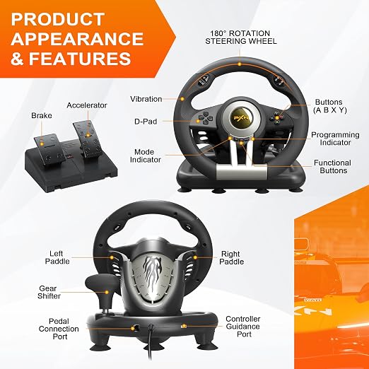 PXN PC Racing Wheel, V3 PRO 180 Degree Universal Usb Car Sim Race Steering Wheel with Pedals for PC, PS3, PS4, Xbox One, Xbox Series X/S, Switch (Black)