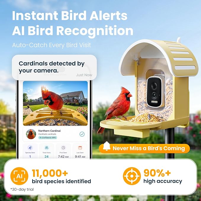 Smart Bird Feeder with Camera, 2.5K UHD Bird Camera AI Identifies 11,000+ Bird's Species, Real-time Bird's Videos & Pictures, Solar Powered Feeder Wireless for Outdoor, Ideal Gift for Dad, Yellow