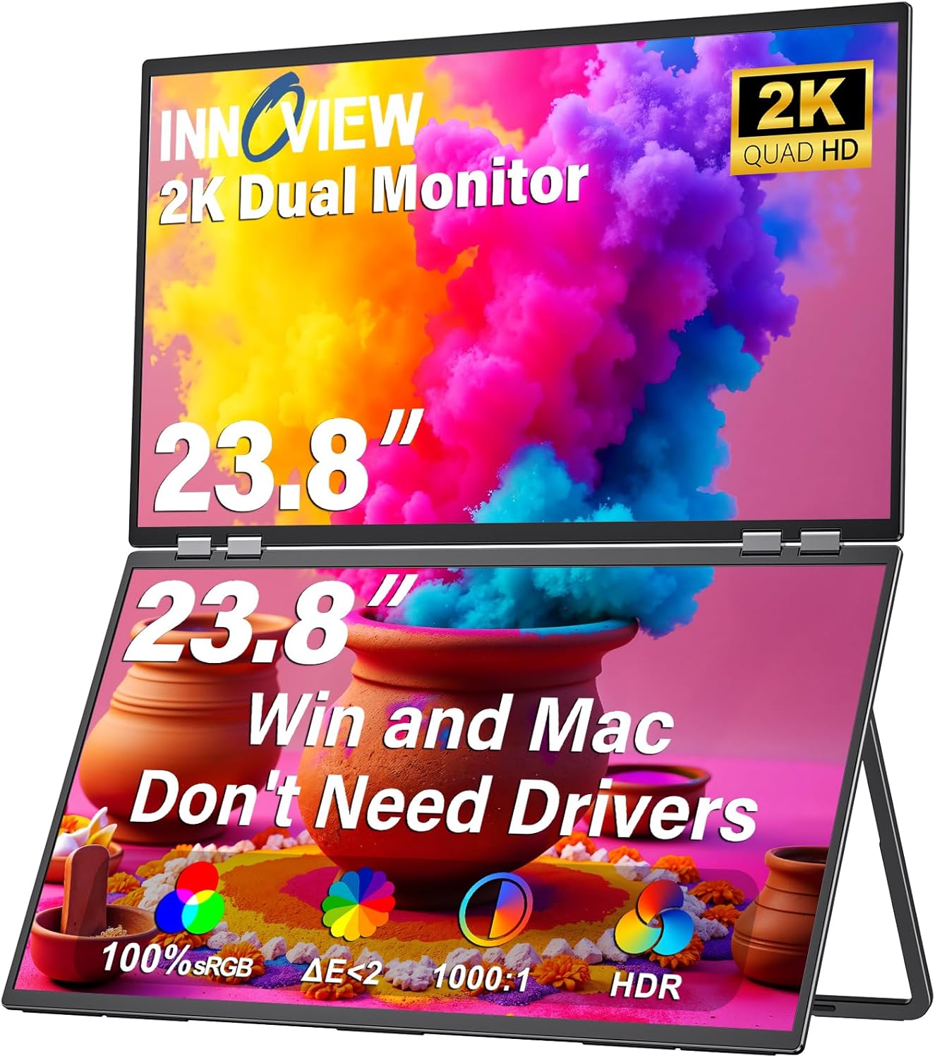 InnoView 23.8" Dual Monitor 2K QHD 2560 x 1440P Laptop Screen Extender 315°Adjustable Dual Monitor for MacBook Windows with DP Type-C HDMI Double Foldable Monitors(No Driver Needed)