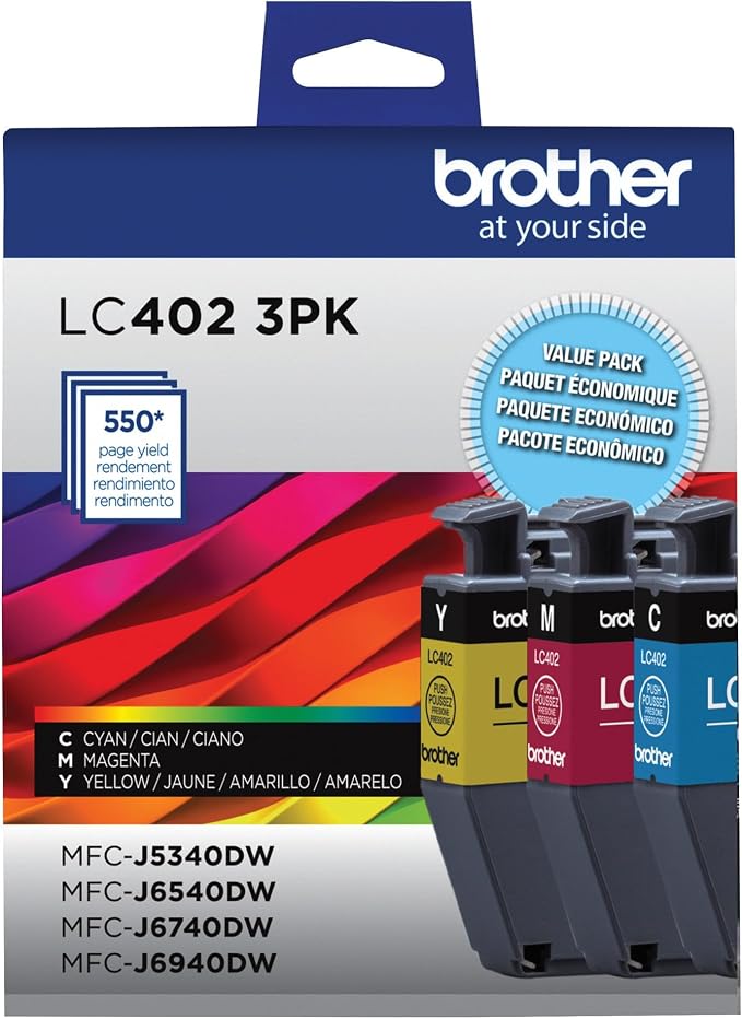 Brother Genuine LC402 3PK 3-Pack of Standard Yield Cyan, Magenta and Yellow Ink Cartridges, Black