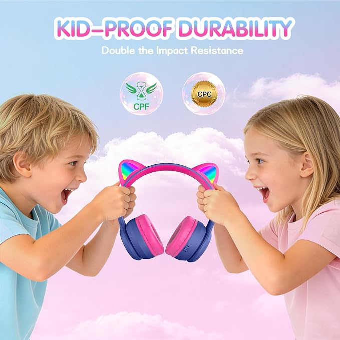 IFECCO Kids Wireless Headphones with Case - Cute LED Light Up Cat Ear,50H Playtime,Safe Volume Limited,Bluetooth 6.0 Kids Girls Headphones for School iPad Tablet Gifts