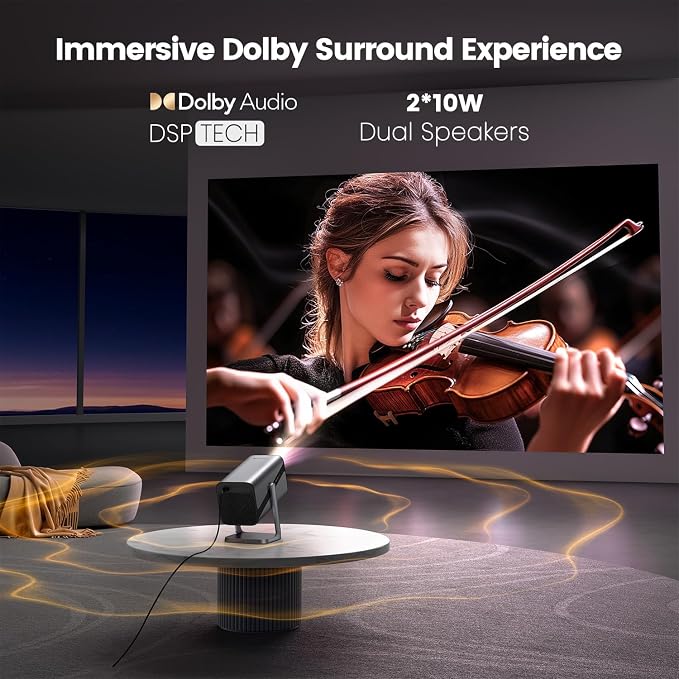[Built-in Apps & 4K Support & Auto Focus]- Smart Projector with WiFi 6 and 2-Way Bluetooth, Dolby Audio/ Auto Keystone/Zoom,360°Adjustable Stand, iWIMIUS Mini Portable Outdoor Proyector w/ HDMI ARC