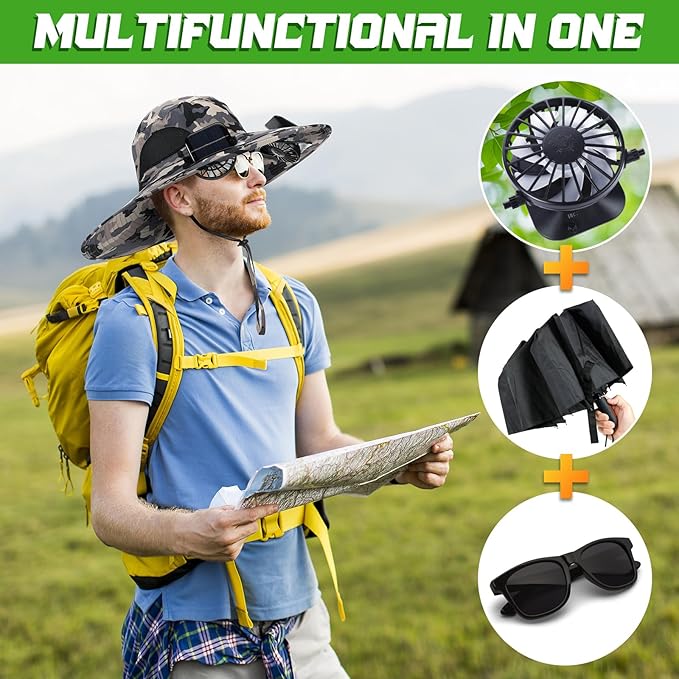 Berlune Sun Hat with 2 Solar Fan Wide Brim Fishing Bucket Hat USB & Solar for Men Women UPF 50+ Cooling for Fishing Beach