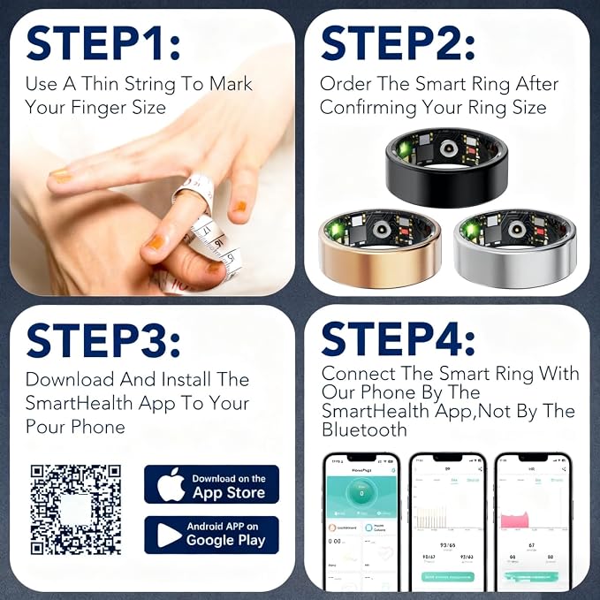 Smart Ring Fitness Tracker for Women & Men, Heart Rate, Blood Oxygen, Blood Pressure, Sleep & Step Monitor, IP68 Waterproof Health Ring, Compatible with iPhone