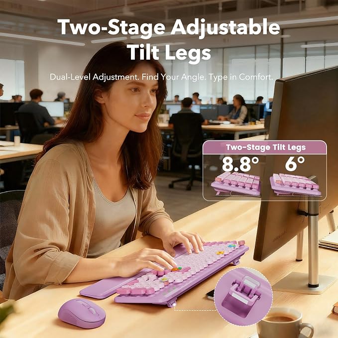 Wireless Keyboard and Mouse Combo, Round Keycaps, Full-Size Retro Typewriter Keyboard with Magnetic Wrist Rest, Tilt Legs, 2.4GHz Cordless Connection for Mac/Windows/PC, SABLUTE CK23, Lavender Purple