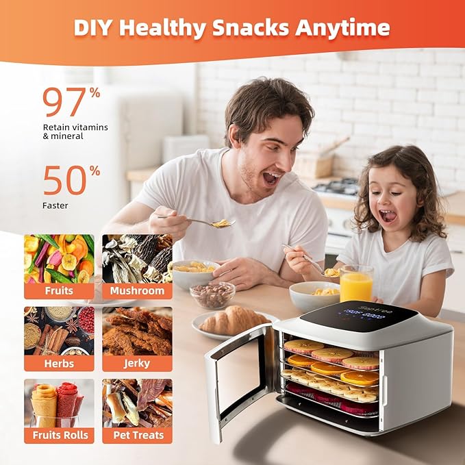 Compact Food Dehydrator, 4 Stainless Steel Trays Fresh Dryer Machine for Jerky Herbs Fruit Veggies Snacks, with Digital Timer | 190F Temperature Control, Great Size for Small Family