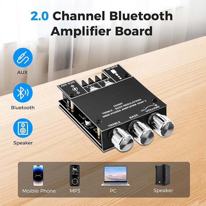 Daakro ZK-502MT Bluetooth Amplifier Board,50W+50W 2.0 Channel Amp Board with Treble and Bass Control,DC 9-24V, Bluetooth and AUX Inputs, Audio Amp Board for Home DIY Wireless Speakers, Password Free