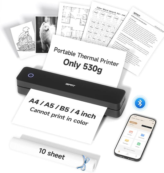 iDPRT MT610 Portable Thermal Printer, Mobile-Travel-Printers, Inkless-Wireless-Small-Printer for Home Use, Office, Vehicles, Bluetooth Printers Supports 8.5 x 11 US Letter&A4&A5, Deep Black