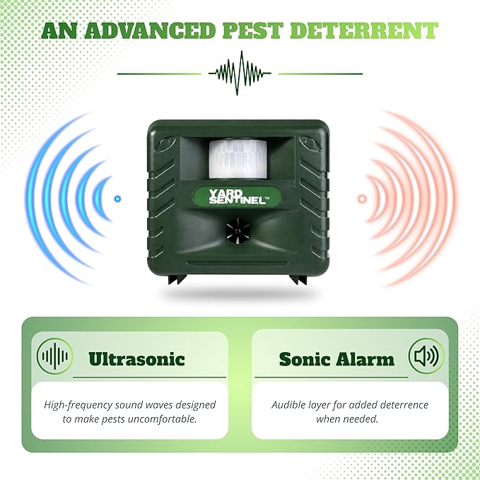 ASPECTEK Yard Sentinel Ultrasonic Animal Repeller, 5500 Sq. Ft. Coverage with 24Hrs Motion Sensor, Night Scanner, Deterrent for Deer, Raccoon, Bear, Rabbit, Skunk and Fox, Includes 10m Extension Cord