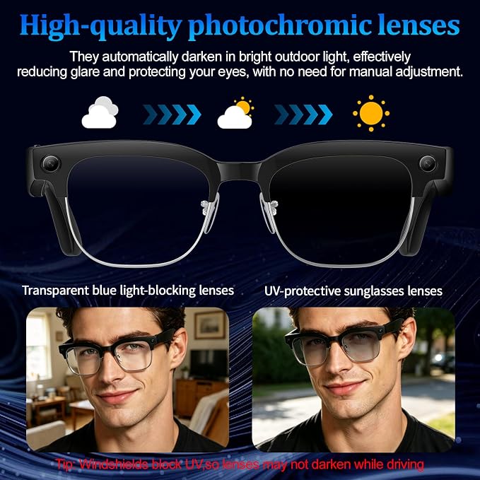AI Smart Glasses with 8MP Camera, 1080P Video Recording & HD Photos, Bluetooth Audio, Voice Assistant, Real-Time Translation, Noise Cancelling Calls & Music, Photochromic Lenses