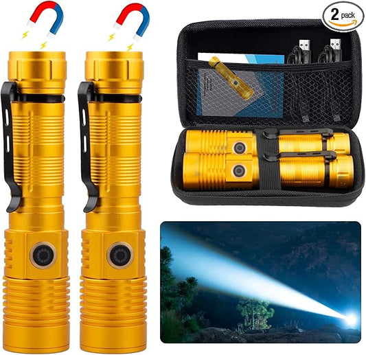 Hoxida Small Tactical Flashlights High Lumens - 1500 Meters Long Beam Super Bright LED Magnetic Flashlight USB Rechargeable Zoomable 5Modes Long Beam Spotlight Flashlight for Hiking, Camping-Gold