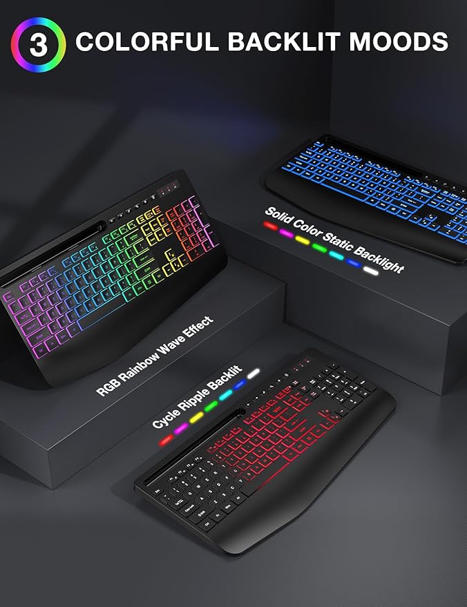 Wireless Keyboard and Mouse Combo - 9 Backlit Effects, RGB, Ergo Wrist Rest, Phone Holder, 2.4G Full Size, Rechargeable, Sleep Mode, KM22 MAX Quiet Set for Computer, PC, Laptop, Mac, Windows- SABLUTE