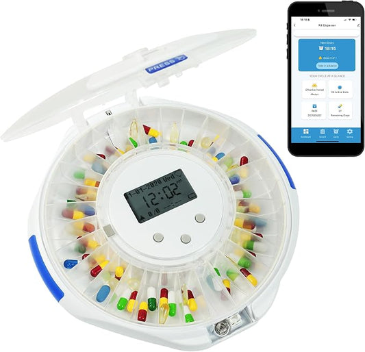Smart Automatic Pill Dispenser -WiFi Monitoring App, 28-Day Medication Organizer Up to 9 Doses Per with Lock Key, Medicine Dispenser for Elderly