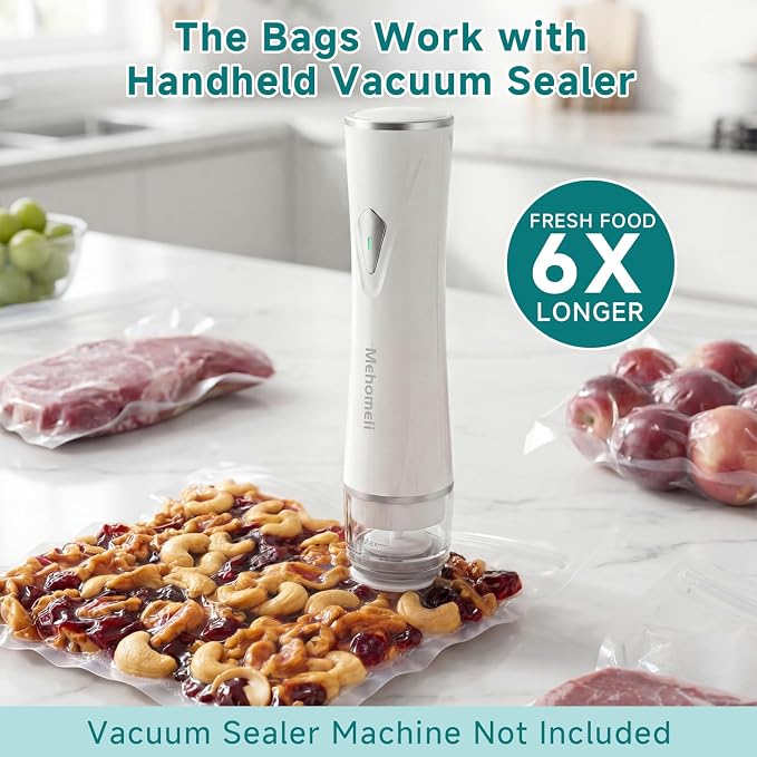 Mehomeli Reusable Vacuum Sealer Bags for Food – 30 BPA-Free Small (8.66in × 8.26in) Food Storage Bags, Freezer Microwave Safe, Odor-Resistant, Leak-Proof – Compatible with Handheld Vacuum Sealers