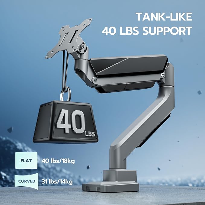 ARES WING Ultrawide Monitor Arm, Heavy Duty Single Monitor Mount for 13"-49" Curved Screens, Adjustable Stand for Desk with C-clamp & Grommet Base up to 40 LBS, Gray