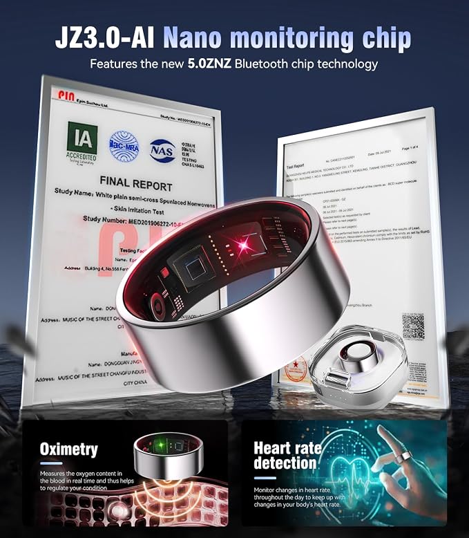 8.0 Smart Ring and Charging Case【Industry First – 0 Measurement Error】【IP68 Waterproof】 2025 Smart Ring for Women & Men for Sleep Tracking Wearable Device,Fitness Ring Silver 9#